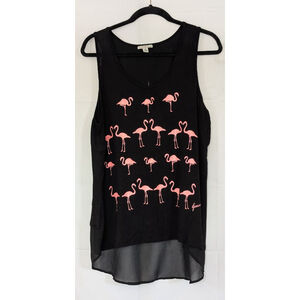 GUESS Women’s Large Black Tank Pink Flamingo Graphic Chiffon Hem